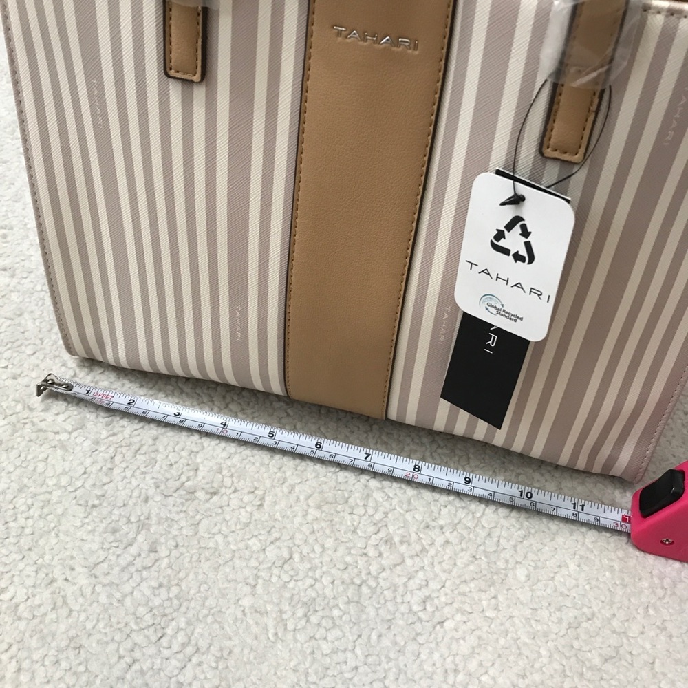 Tahari $149 MSRP Striped Satchel Bag + Dustbag Vegan Leather Cream - Picture 12 of 15